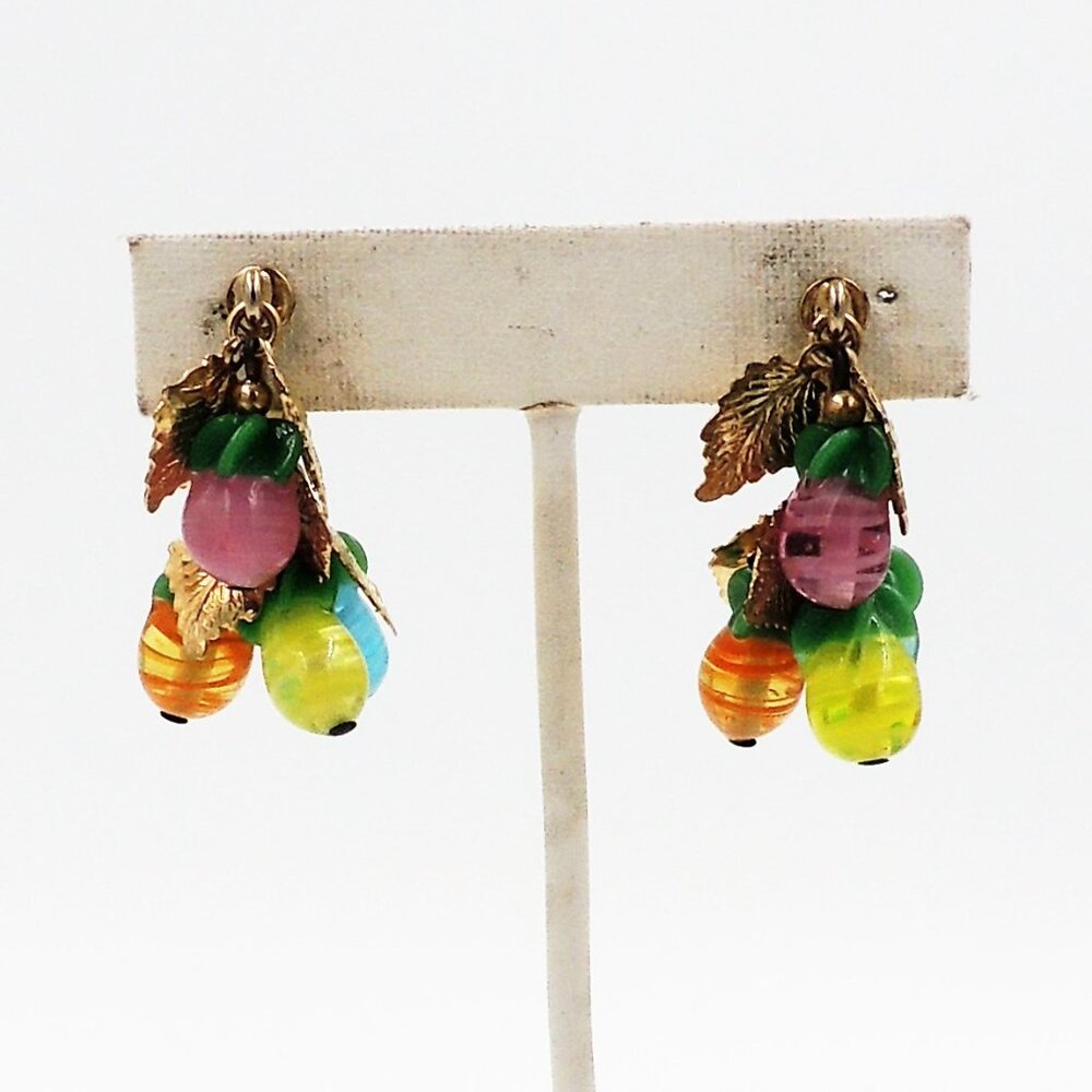 Vintage 1960s Napier Art Glass Fruit Drops Clip Earrings - Picture 2 of 7